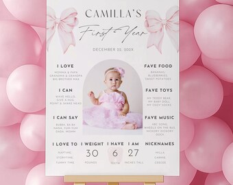 Pink Bow Birthday Milestone Sign, Pink Bow 1st Birthday Milestone Board, Milestone Poster With Photo, Baby First Year Stats Pink Bow Girl