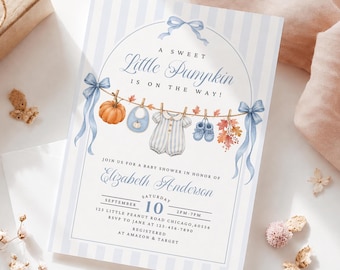 Little Pumpkin Baby Shower Invitation Template | Dusty Blue Bow Fall Pumpkin Boy Themed Baby Shower Invite Editable Canva (Digital Download)