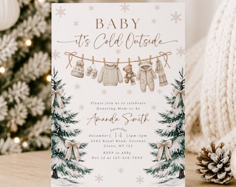 Winter Baby Shower Invitation Template | Baby it's Cold Outside Invite Clothesline Gender Neutral Editable Canva Template (Digital Download)