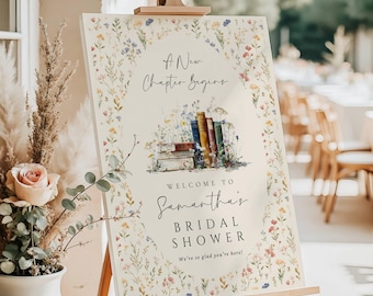 Comienza un nuevo capítulo: Letrero de bienvenida para despedida de soltera / Póster decorativo estilo libro de cuentos florales vintage. Plantilla editable de Canva (descarga digital).