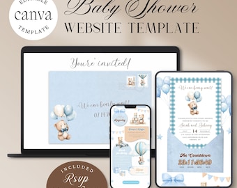Plantilla de sitio web para baby shower "We Can Bearly Wait" con confirmación de asistencia / Invitación con temática de oso azul para niño. Plantilla editable de Canva (descarga digital).