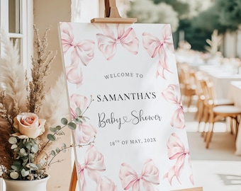 Różowa kokardka Baby Shower znak powitalny Różowa kokietka Baby Shower znak wejściowy szablon Nowoczesny rumieniec Różowa wstążka Minimalistyczny znak Cyfrowe pobieranie