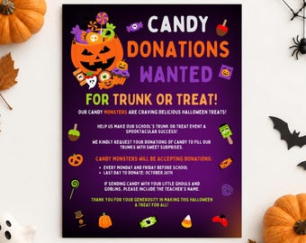 Candy Donation Flyer Template for Kids Halloween Party Trunk or Treat Flyers Editable Template School or Church Trunk or Treat Invites Flyer