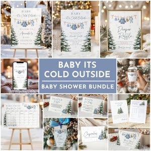 May include: A selection of baby shower stationery with a winter theme. The designs include a sign, invitation, diaper raffle, book for baby, and thank you cards. The text "Baby It's Cold Outside" is featured on several items.