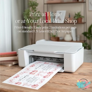 May include: A white desktop printer on a wooden surface with a printed sheet showing multiple pumpkin-themed baby shower invitations. Text reads: Print at Home or at Your Local Print Shop. Print-Friendly: Easily print 2 invitations per page on standard US Letter (8.5x11") or A4 paper.