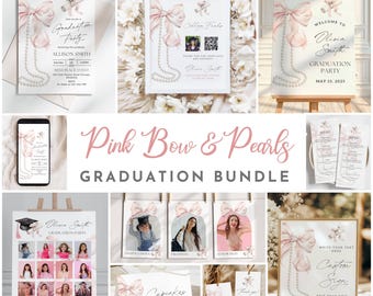 Pink Bow Graduation Party Announcement Invitation Bundle Editable Coquette Girl Grad Photo Invite Package Modern Evite Set Canva Template