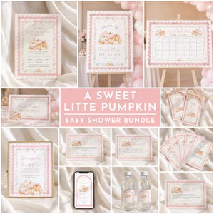 Liten pumpa babyshower-paket | Redigerbar rosa rosett höstinbjudan till babyshower, 12x lekar, skyltar och dekor (Canva-mallar, digital nedladdning)