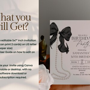 May include: A printable 5x7 inch birthday party invitation template featuring a black bow and pearl necklace on a pink background. The text reads "Join us for a Birthday Party Celebrating Samantha's 30th Birthday".