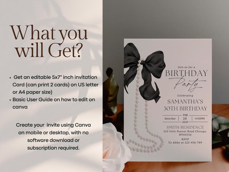May include: A printable 5x7 inch birthday party invitation template featuring a black bow and pearl necklace on a pink background. The text reads "Join us for a Birthday Party Celebrating Samantha's 30th Birthday".