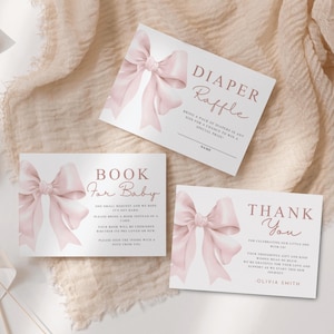 Cartão de chá de bebê com laço rosa blush, rifa de fraldas, livros para bebê, cartão de agradecimento para chá de bebê, modelo Canva, elegante, moderno, rosa, bebê