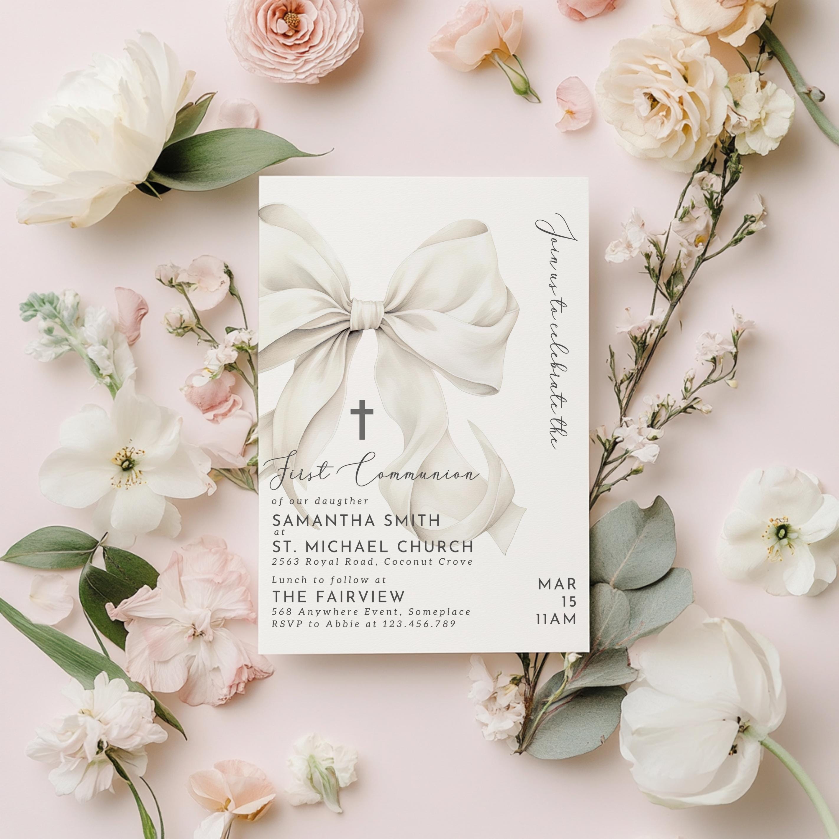 First Communion Invitation Template White Bow First Holy Communion ...
