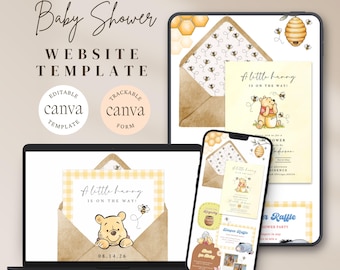 Plantilla de sitio web para baby shower de Winnie the Pooh con confirmación de asistencia / Invitación para baby shower "Little Hunny is on the way" (Descarga digital editable de Canva)