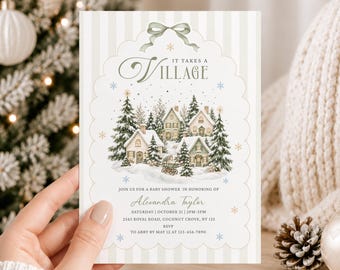 It Takes a Village Baby Shower Invitation | Sage Green Winter Village Editable Gender Neutral Christmas Baby Shower Invite, Digital Download
