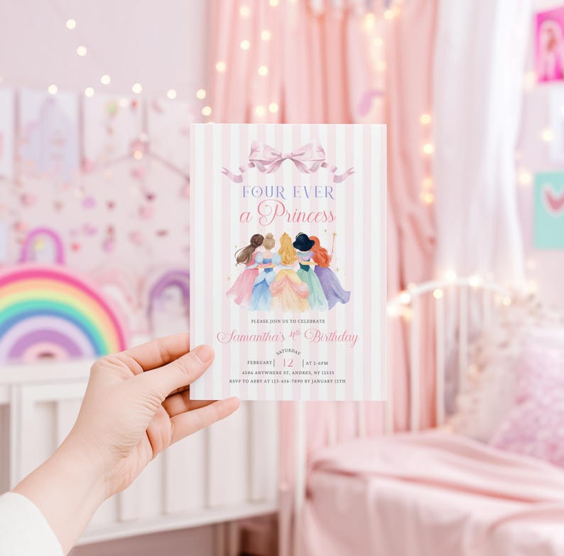 Princess 4th Birthday Invitation – Four Ever A Princess Birthday Invitation Pink Royal Dresses Watercolor Theme Party (Editable Template) image 1
