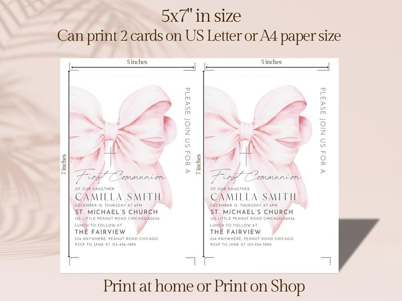 Pink Bow First Communion Invitation Template First Holy Communion ...