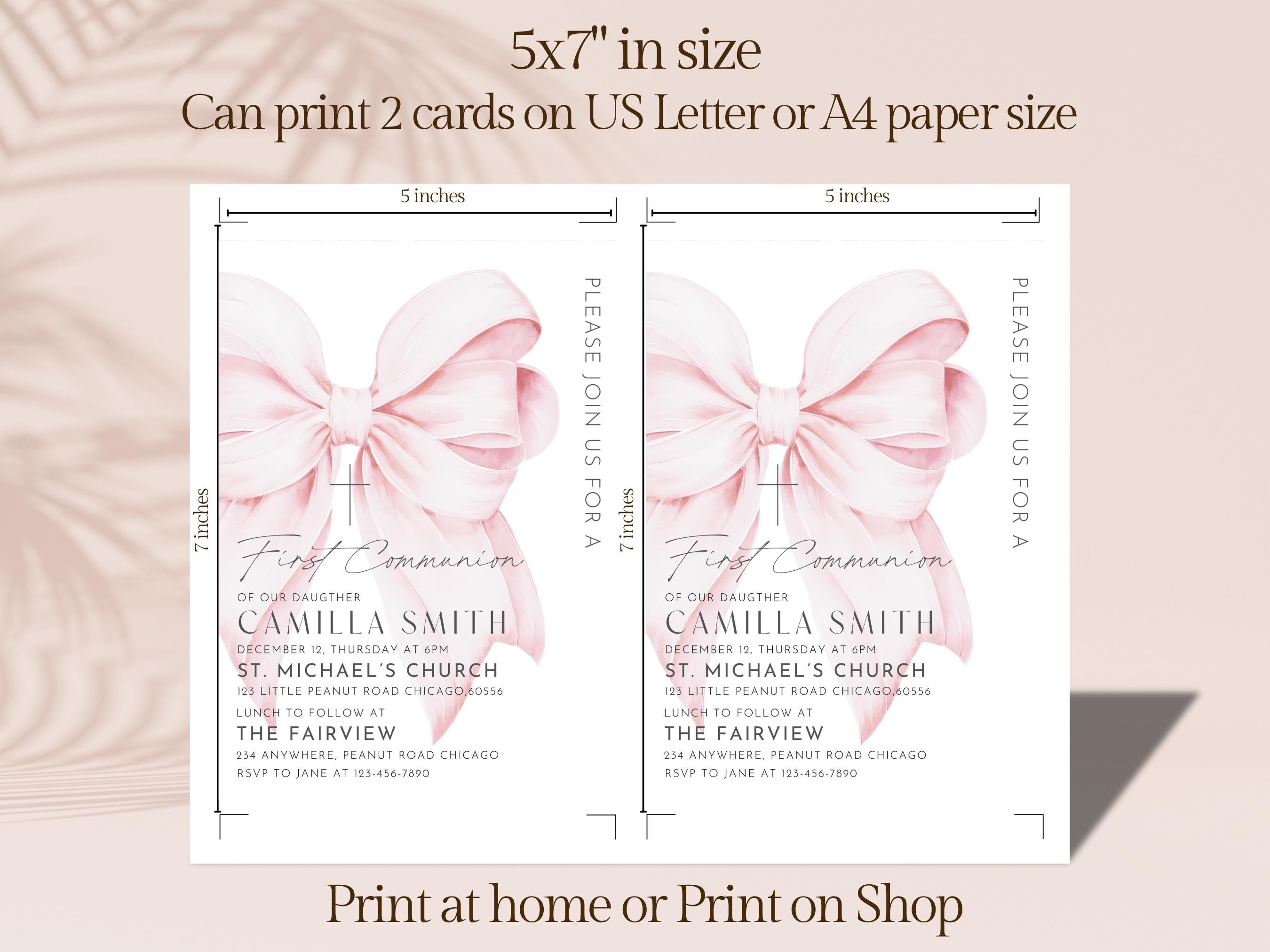 Pink Bow First Communion Invitation Template First Holy Communion ...