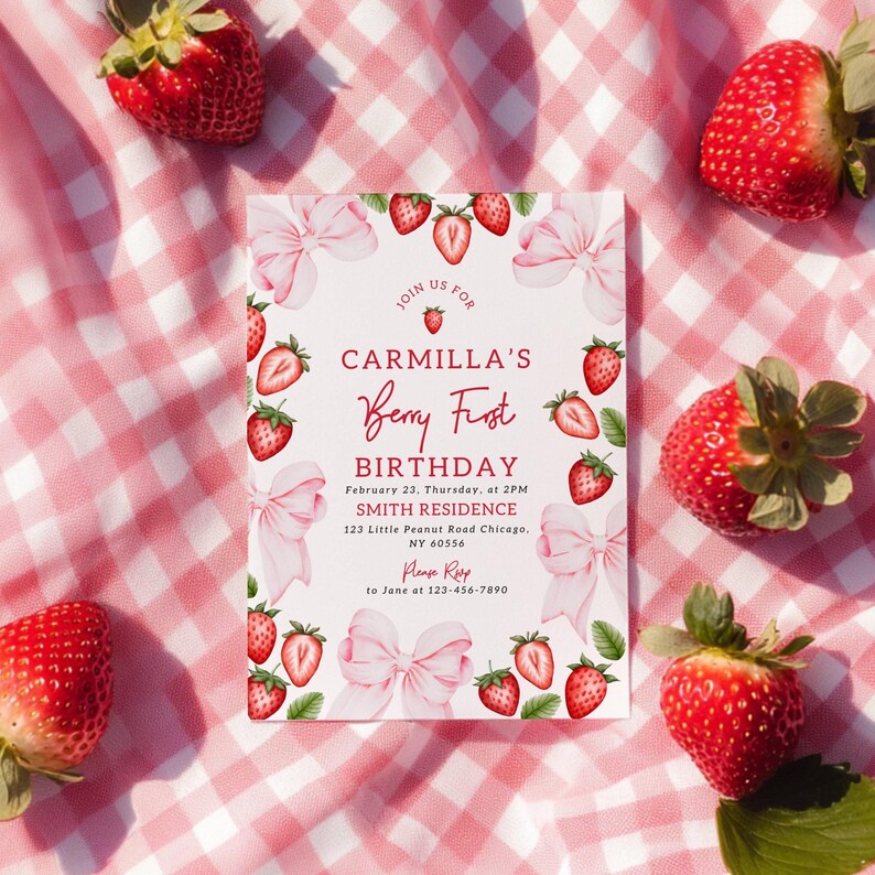 Pink Bow Berry First Birthday Invitation Editable Template Girl ...