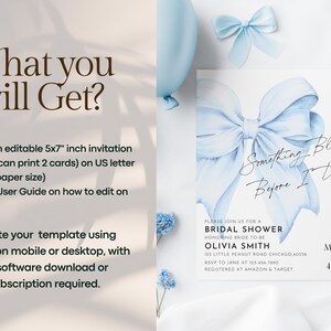 May include: A blue and white bridal shower invitation with a watercolor bow and the text "Something Blue Before I Do!"  The invitation includes the bride's name, date, time, and RSVP information.