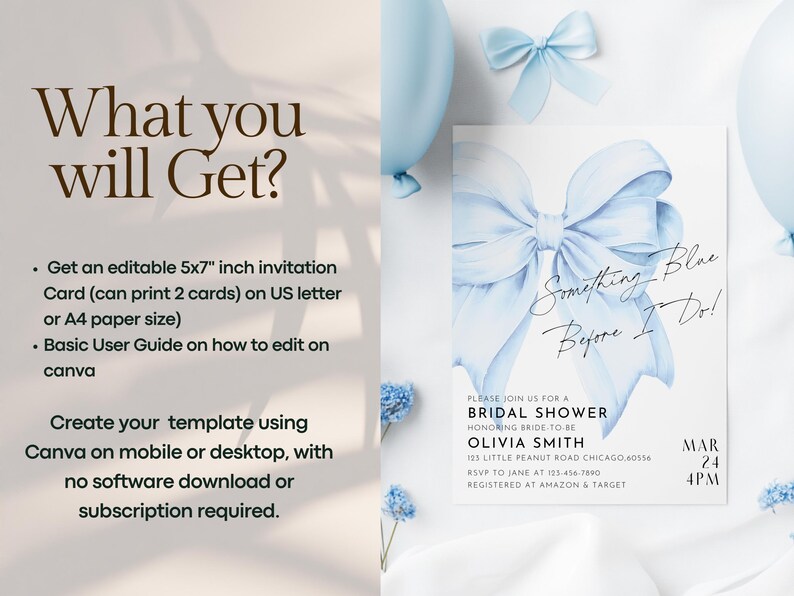 May include: A blue and white bridal shower invitation with a watercolor bow and the text "Something Blue Before I Do!"  The invitation includes the bride's name, date, time, and RSVP information.
