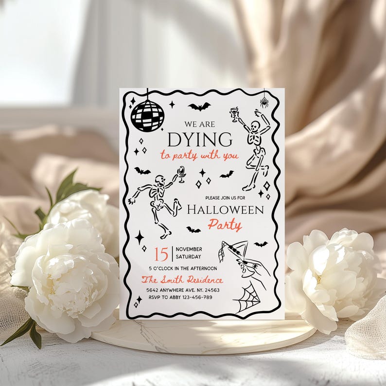 May include: Halloween party invitation with black and white skeleton illustrations, bats, and a disco ball. The invitation text reads "We are dying to party with you" and includes event details.