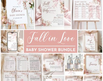 Falling in Love Baby Shower Bundle Fall Baby Shower Invitation Pink Bow Autumn Baby Shower Floral Theme Editable Games and Signs Template
