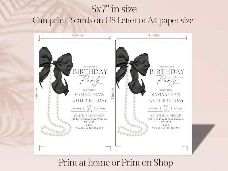May include: Two printable 5x7 inch birthday party invitations featuring a black bow and pearl necklace design. The text reads "Join us for a Birthday Party Celebrating Samantha's 30th Birthday".