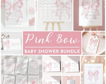 Rosa Schleife Baby Shower BUNDLE bearbeitbare Vorlage Baby Girl Baby Shower Vorlage Niedliche Pastellrosa Babypartyeinladung Sofortiger Download Canva