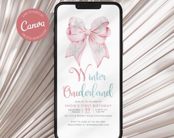 Animated Winter Onederland First Birthday Invitation Template Pink Bow for Girl Snowflake 1st Birthday Pink Silver 1st Christmas Birthday