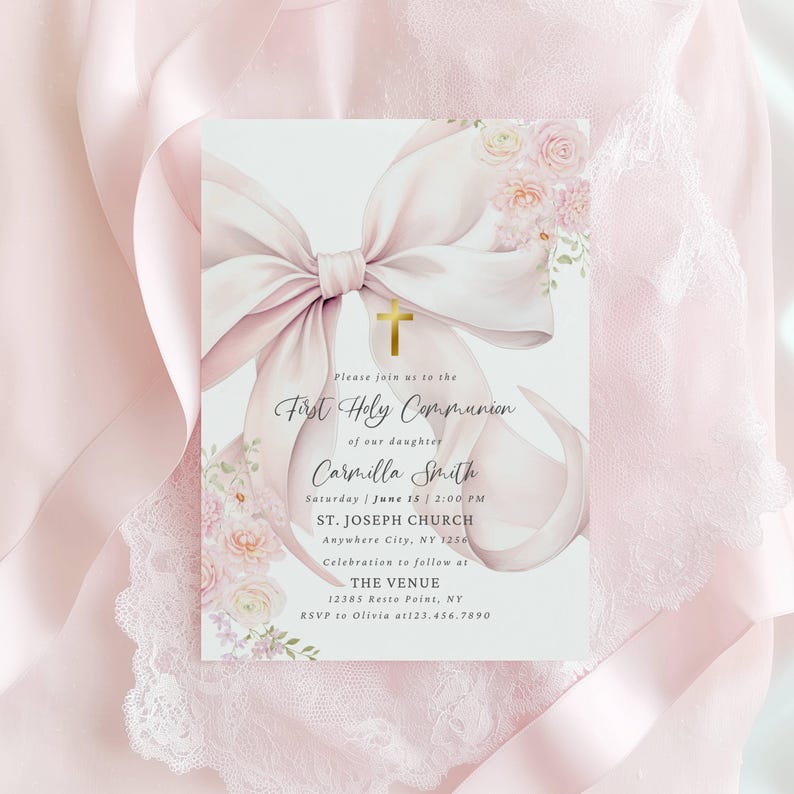 Editable Pink Bow First Holy Communion Invitation Template Watercolor ...