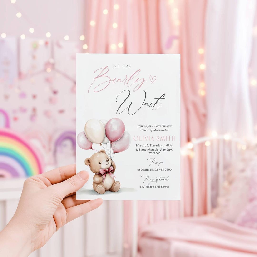 Pink Teddy Bear Baby Shower Invitation | We Can Bearly Wait Girl ...