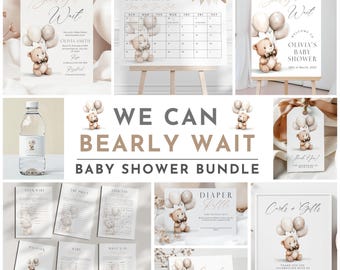 We Can Bearly Wait Baby Shower Bundle Invitation Set for Gender Neutral Teddy Bear Baby Shower Bundle Minimal Boho Teddy Bear Brown Balloons