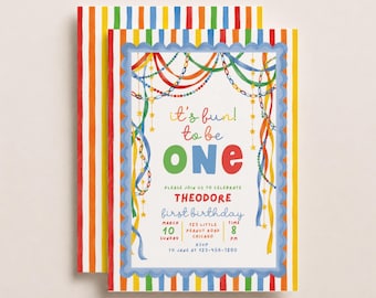 It’s Fun to Be One Birthday Invitation Template, Whimsical Colorful Boy First Birthday Invitation Editable Canva Template (Digital Download)