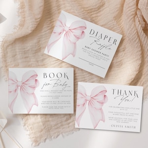 Pink Bow Baby Shower Card Windel Raffle Bücher für Baby Dankeskarte für Baby Girl Shower Editierbare Vorlage Elegante moderne Pink Baby Shower