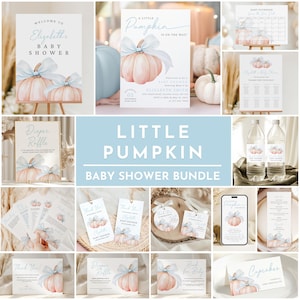Little Pumpkin is On The Way Baby Shower Bundle Blue Bow Boy Invitation Set Fall Welcome Sign Blue Pumpkin Bundle Editable Digital Downloads