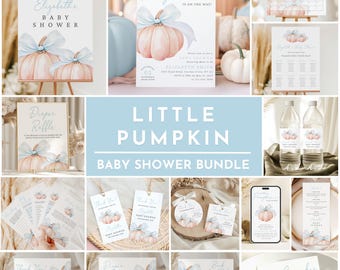 Puede incluir: Un conjunto de papelería para baby shower con calabazas de acuarela y lazos azules. Los artículos incluyen invitaciones, letreros, etiquetas y etiquetas para botellas de agua. El texto incluye "Bienvenida a la baby shower", "Little Pumpkin" y "Diaper Raffle".