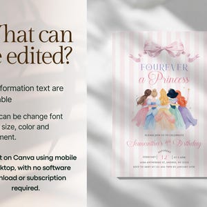 Princess 4th Birthday Invitation – Four Ever A Princess Birthday Invitation Pink Royal Dresses Watercolor Theme Party (Editable Template) image 5