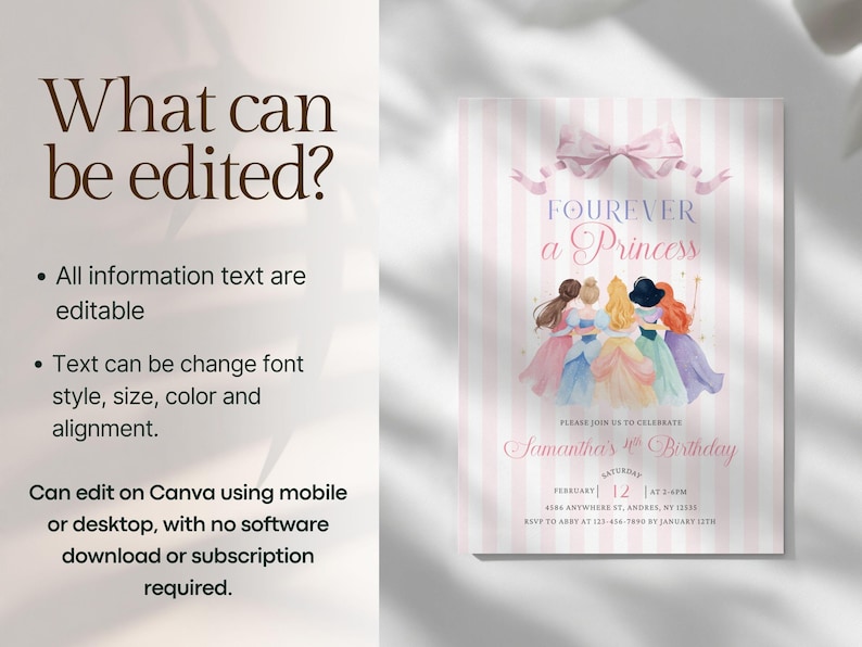 Princess 4th Birthday Invitation – Four Ever A Princess Birthday Invitation Pink Royal Dresses Watercolor Theme Party (Editable Template) image 5