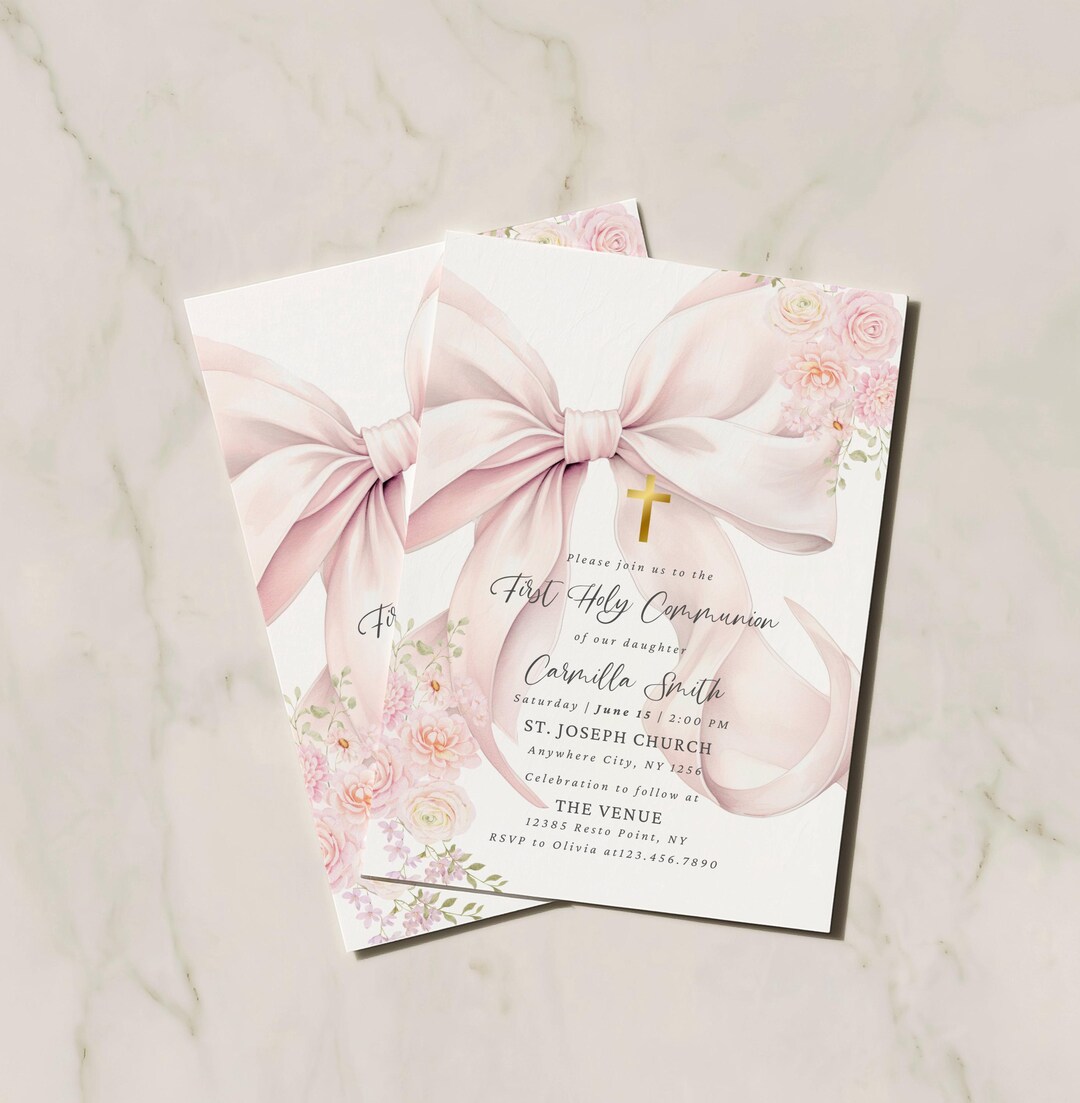Editable Pink Bow First Holy Communion Invitation Template Watercolor ...