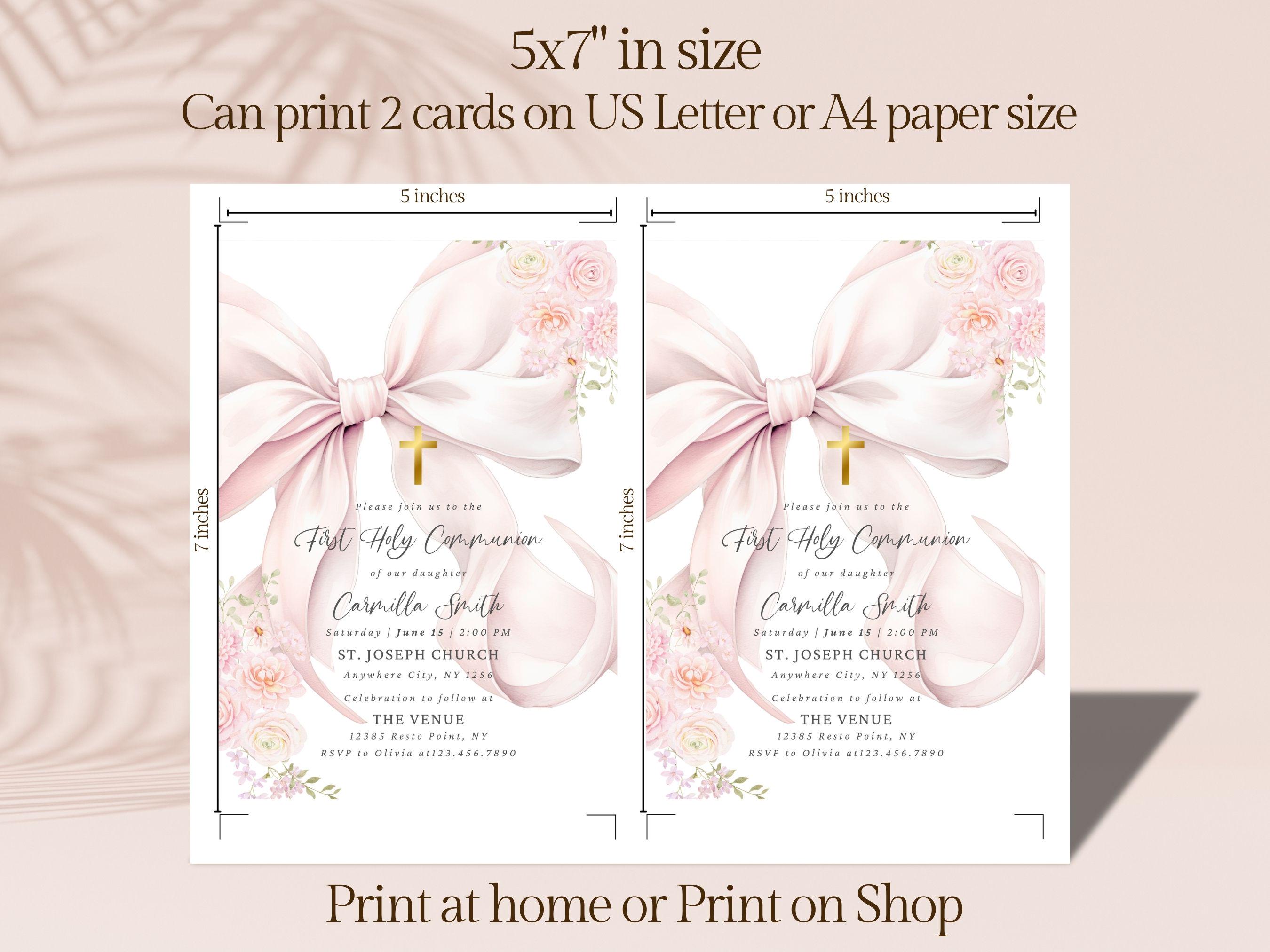Editable Pink Bow First Holy Communion Invitation Template Watercolor ...