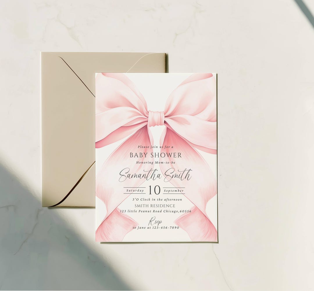 Blush Pink Bow Baby Shower Invitation Template: Elegant Pink Coquette ...