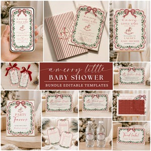 Könnte beinhalten: Ein Set aus bearbeitbaren Babyparty-Vorlagen mit einer Schaukelpferd-Illustration, roten Schleifen und grünen Stechpalmen-Bordüren. Das Set enthält Einladungen, Dankeskarten, Schilder, Spielkarten und Etiketten mit dem Text A Merry Little Baby.