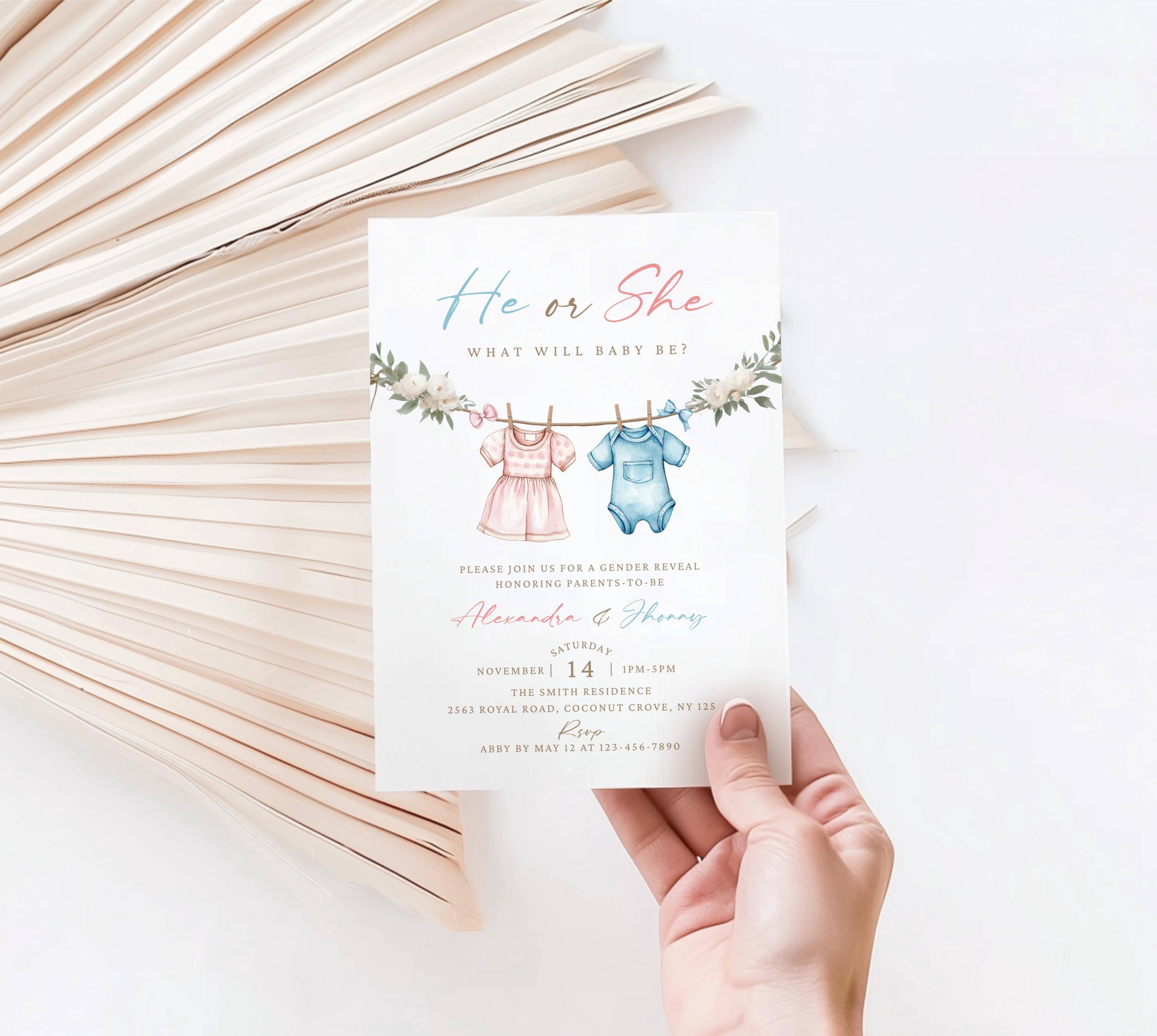 Baby Clothes Gender Reveal Invitation Editable Pink or Blue Clothesline ...