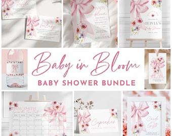 Rosa Schleife Baby in Bloom Baby Shower BUNDLE Vorlage Baby Mädchen Floral Niedlich Blush Rosa Schleife Babyparty Einladung 12 Spiele Willkommensschild Canva