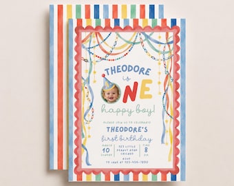 One Happy Boy Birthday Invitation | Whimsical First Birthday Invitation Boy Blue Party Hat Photo Invite Colorful Birthday (Digital Download)