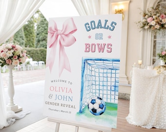 Letrero de bienvenida para revelación de género con temática de goles o lazos. Decoración para fiestas de fútbol o lazos. Letrero rosa o azul para revelación de género con temática deportiva. Plantilla editable de Canva.