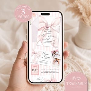 Könnte beinhalten: Ein Smartphone-Bildschirm zeigt ein digitales Babyparty-Einladungsset mit einem hellrosa gestreiften Hintergrund und einer großen rosa Schleifengrafik. Die Einladung enthält Text für die Babyparty, eine Windel-Tombola-Karte und einen RSVP-Button.