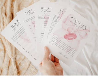 12 bewerkbare babyshowergames met roze strik, bundel roze lint babyshowergames, partygames babyshower babymeisje Blush Pink Coquette Shower