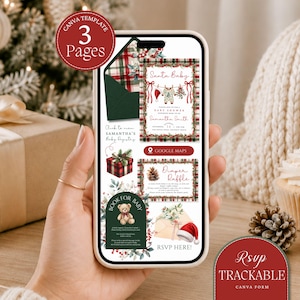 May include: A digital Canva template for a baby shower invitation set featuring a red and green plaid theme. The design includes a Santa Baby invitation, a diaper raffle card, and a book for baby request, all decorated with festive holiday greenery.