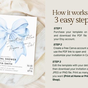 May include: A printable bridal shower invitation template featuring a watercolor illustration of a light blue bow with the text "Something Blue Before I Do!"  The invitation includes the date, time, and location of the event, as well as the bride-to-be's name and registry information.