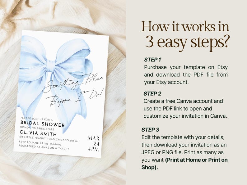 May include: A printable bridal shower invitation template featuring a watercolor illustration of a light blue bow with the text "Something Blue Before I Do!"  The invitation includes the date, time, and location of the event, as well as the bride-to-be's name and registry information.
